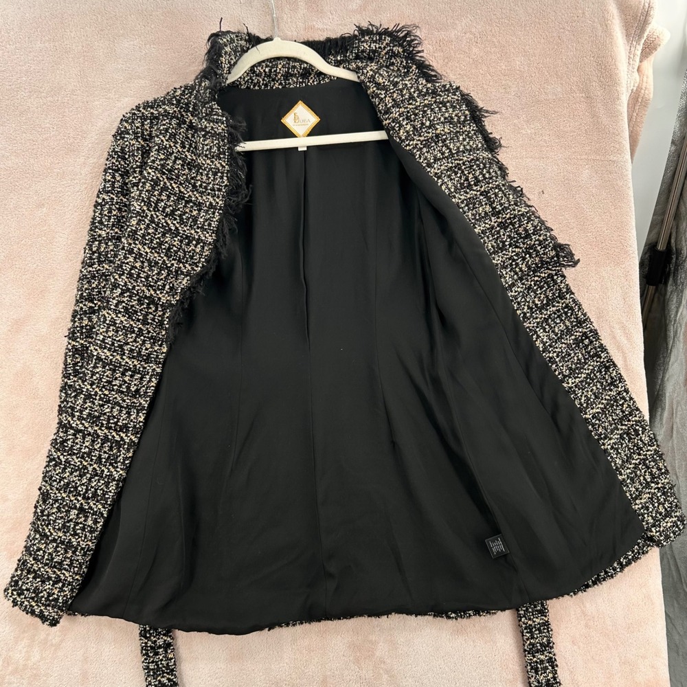 L'Agence Luba Tweed Fringe Belted Jacket Black Gold Wool Blend Size 0 - Picture 8 of 12
